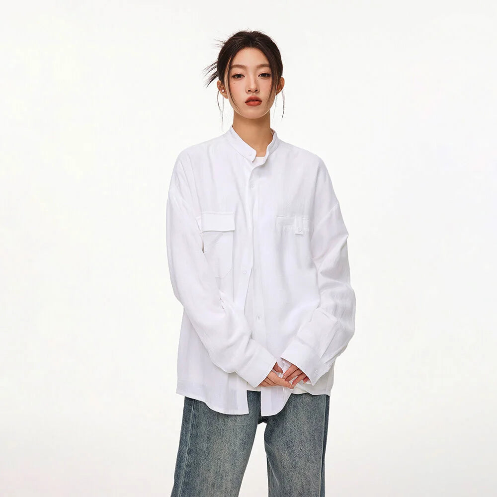 Men Loose Casual Streetwear Fashion Stand Collar Long Sleeve Black White Oversize Shirt Couple Plus Size Shirts Blouses