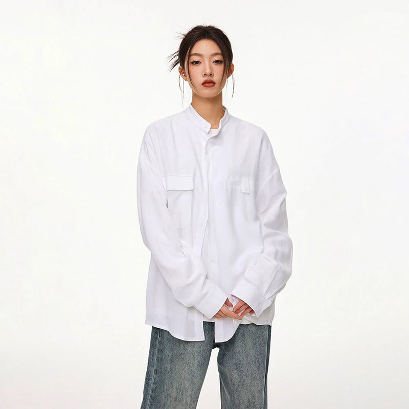 Men Loose Casual Streetwear Fashion Stand Collar Long Sleeve Black White Oversize Shirt Couple Plus Size Shirts Blouses
