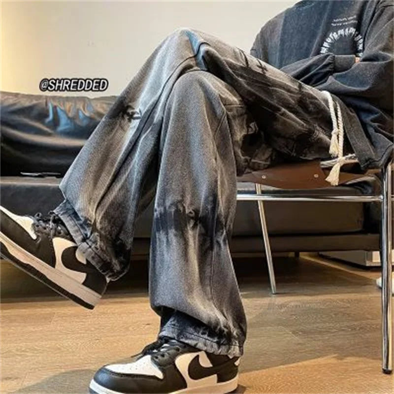 2025 new tie dye retro drawstring jeans for men baggy high street straight pants hip hop fashion casual y2k jean hombre pantalon denim street jeans