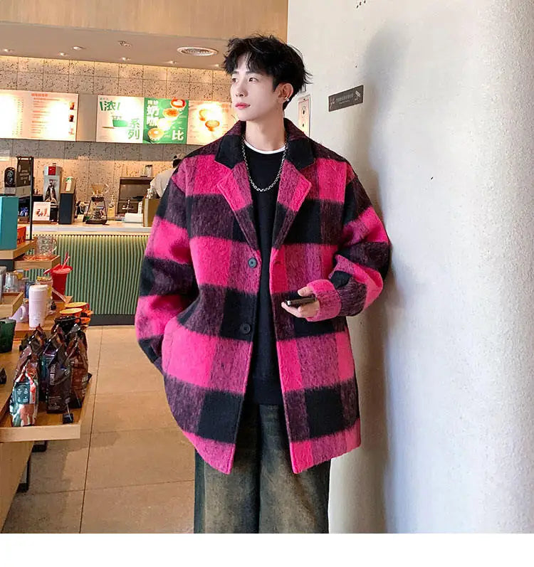 Plaid Woolen Trenchcoat Men Autumn Winter Fashion Retro Streetwear Suit Collar Loose Casual Trendy Trench Coat Outerwear