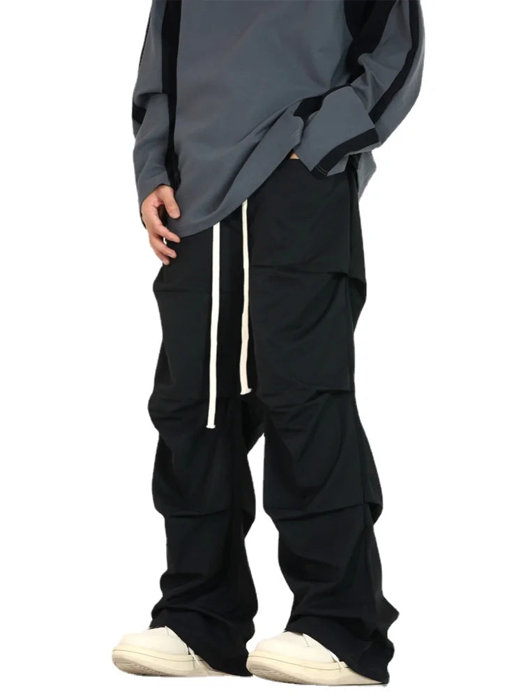 side fold baggy pants men casual elastic waist straight trousers streetwear new fashion drawstring unisex hip hop pants joggers relaxed fit joggers