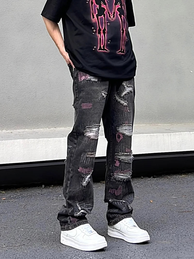 harajuku irregular scratched ripped holes denim jeans men zipper jeans hip hop streetwear new casual straight joggers jean pants urban active pants