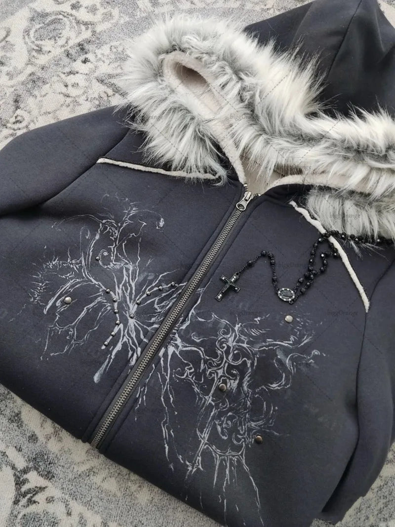 Harajuku Y2K Streetwear Jacket High Street Retro Fur Collar Zipper Hoo