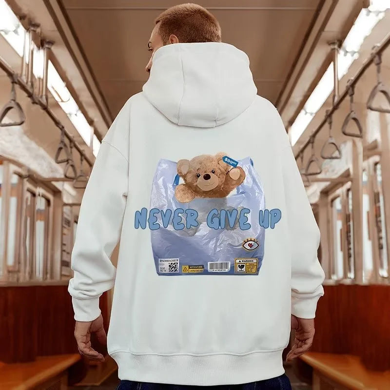New Never Give Up Bear Printed Hoodies For Men Hip Hop Streetwear Pocket Pullover Sweatshirts Autumn Y2K Vintage Fleece Hoodie
