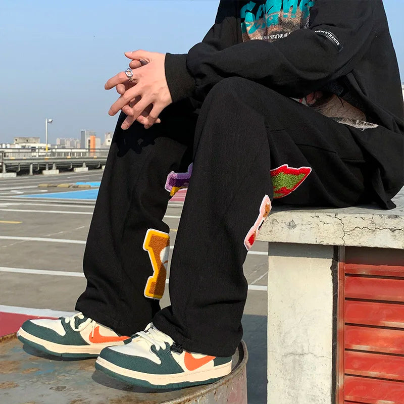 preppy style letter embroidery straight men baggy tracksuit pants y2k clothes sweatpants male drawstring casual long trousers unique joggers style 1075
