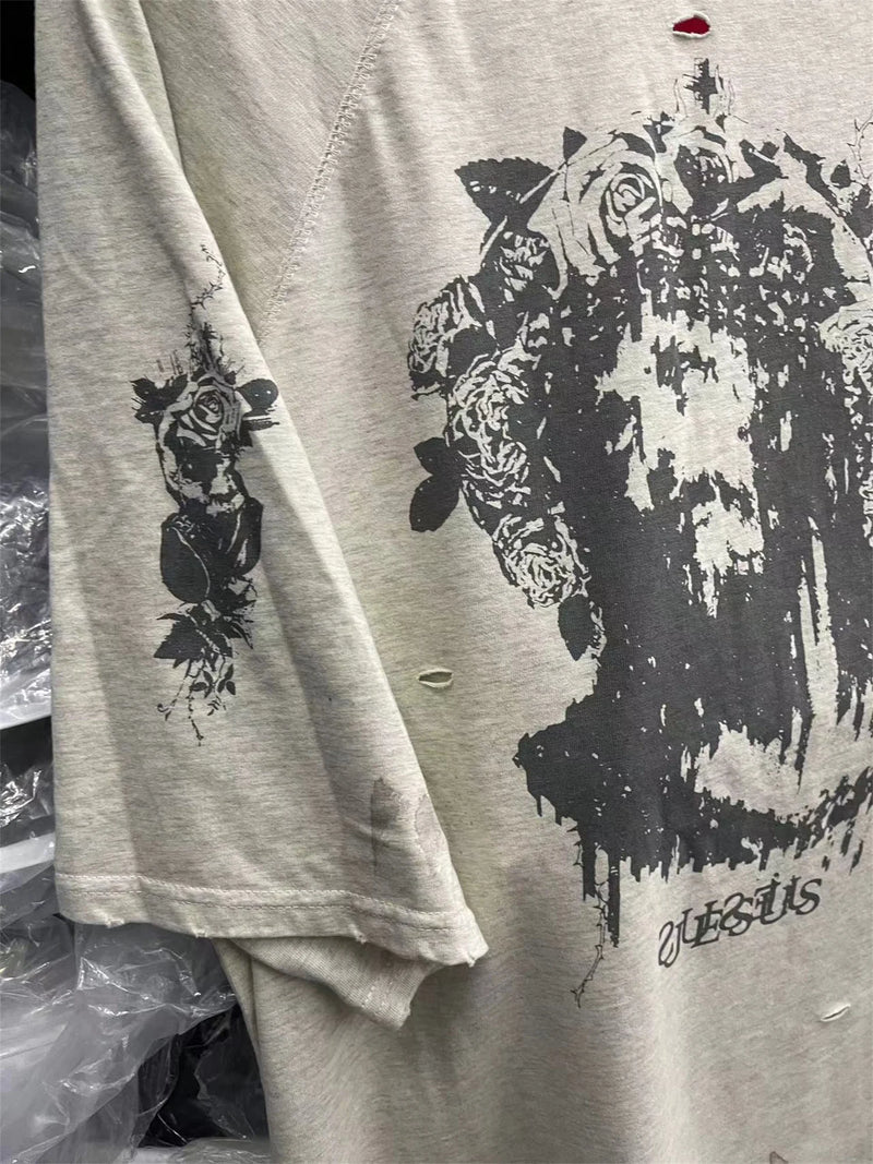 cyberpunk vintage t-shirt featuring vintage 2024 print retro high street portrait graffiti print destroys mens washed and worn loose t shirt