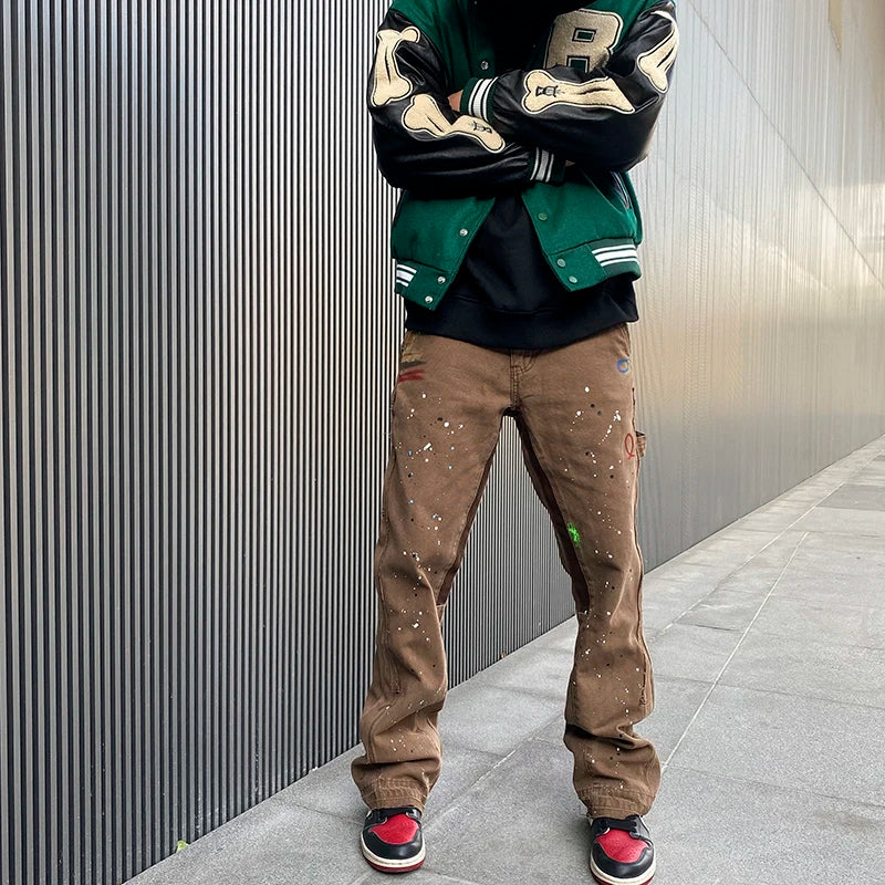 2023 streetwear graffiti cargo flared jeans khaki black splash ink wide leg denim pant hip hop cargo trousers jean men combat utility trousers