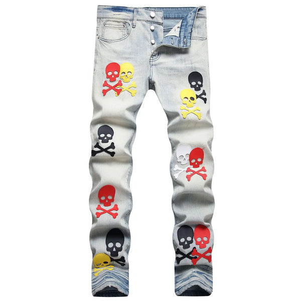 2023 brand new patch light skull head bone chemist tie dyed jeans cotton denim pants comfort casual skinny jeans 32 44 266 urban skinny jeans