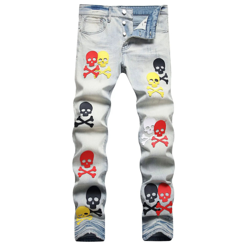 2023 brand new patch light skull head bone chemist tie dyed jeans cotton denim pants comfort casual skinny jeans 32 44 266 urban skinny jeans