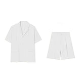 Men  Casual Suit Trendy New Neutral Solid Blazer Collar Shirts LGBT Design Short-sleeved Blouse Shorts Two-piece Set