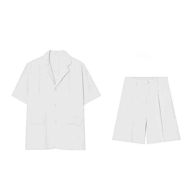 Men  Casual Suit Trendy New Neutral Solid Blazer Collar Shirts LGBT Design Short-sleeved Blouse Shorts Two-piece Set