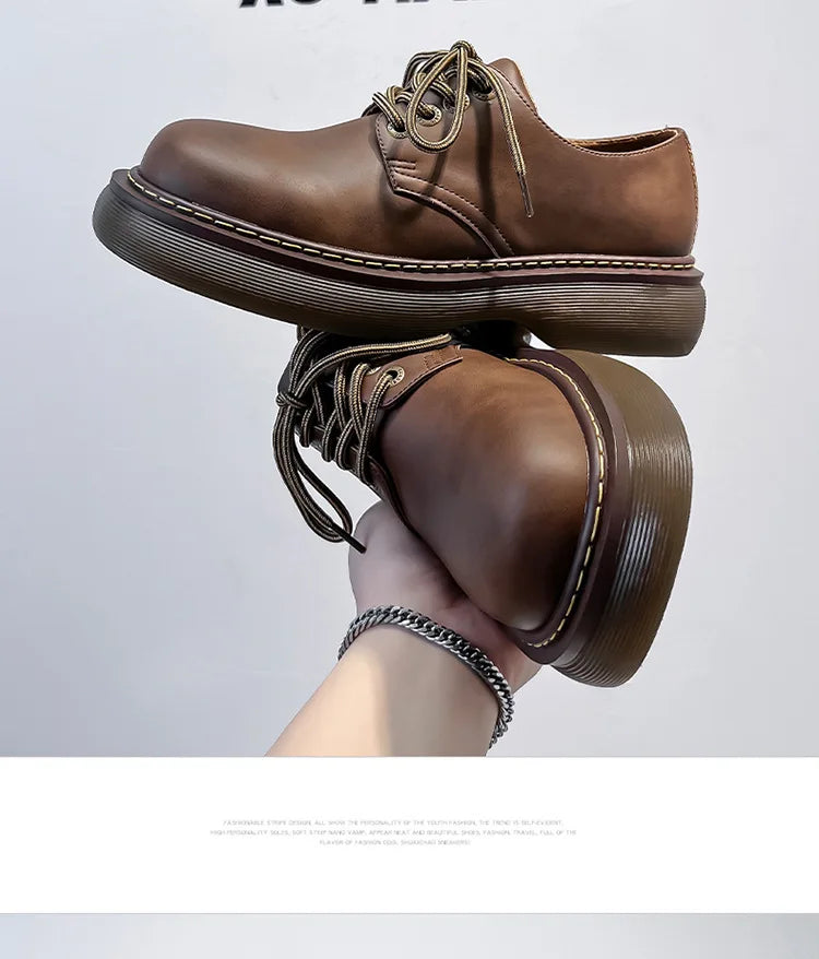 High Street Vintage Brown Big Toe Leather Shoes Men Women Streetwear Fashion Hip Hop Casual Increase Derby Shoes