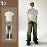 new summer street fashion set mens cotton retro letter printed t shirt halo dyed washed jeans suits male hip hop 2 pcs 2024 unique jeans style 4718