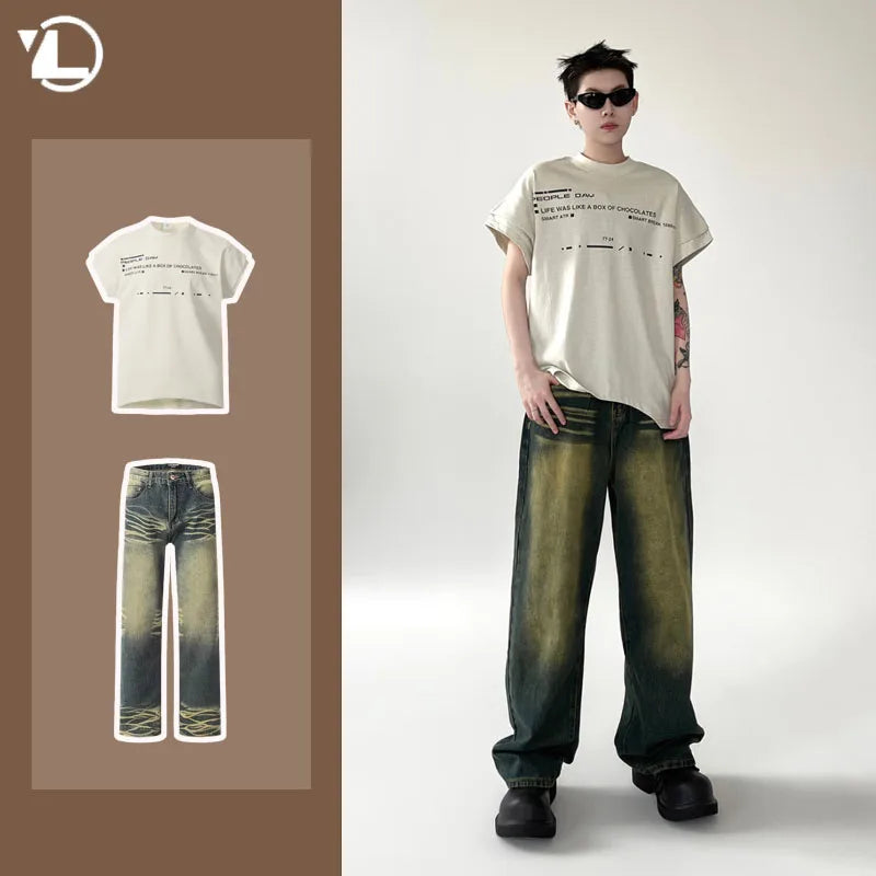 new summer street fashion set mens cotton retro letter printed t shirt halo dyed washed jeans suits male hip hop 2 pcs 2024 unique jeans style 4718