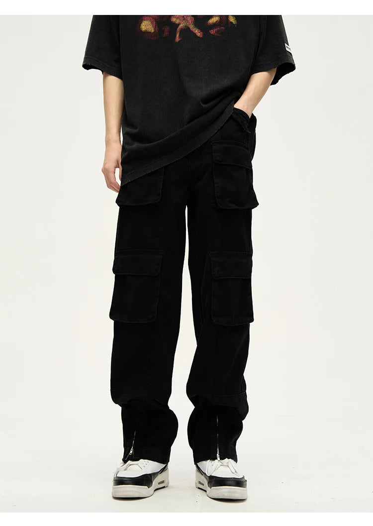 mens loose streetwear cargo straight pants high street casual bottom zipper multi pocket trousers hip hop safari style joggers unique joggers style 3314