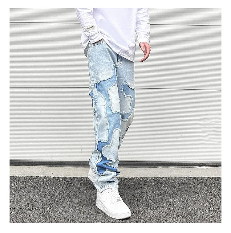ripped irregular patchwork design denim jeans men casual zipper biker trousers jeans fashion streetwear hip hop pants joggers unique joggers style 3633