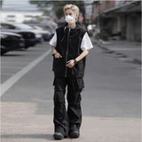 summer casual sleeveless set men hip hop loose hooded vest pockets straight leg cargo pants 2 piece outdoors sports camp suit unique cargo style 4419