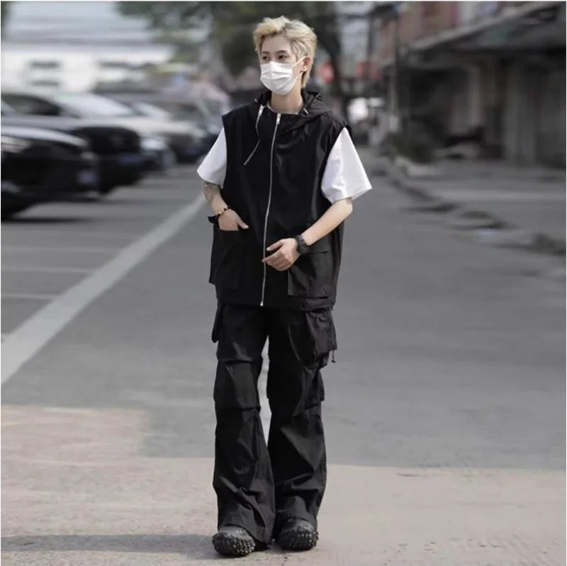 summer casual sleeveless set men hip hop loose hooded vest pockets straight leg cargo pants 2 piece outdoors sports camp suit unique cargo style 4419