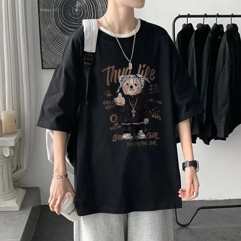 Harajuku Angelcore design – Funny Middle Finger Bear Graphic Short Sleeve Tee Shirts Men