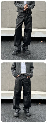 men streetwear fashion hip hop loose casual wide leg leather baggy motorcycle pant cityboy cargo pants trousers unique cargo style 2578