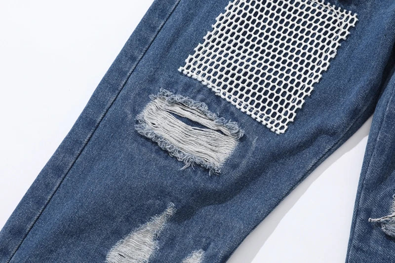 distressed skinny flared micro flare jean for mens mesh big destroyed ripped denim jeans hip hop biker jeans pants male unique jeans style 1322