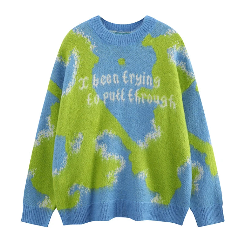 y2k contrast color knitted sweater unisex harajuku sweater casual warm o neck pullover streetwear loose sweaters jumper knitwear - Y2K grunge street style, urban fashion pullover, soft fleece-lined outerwear