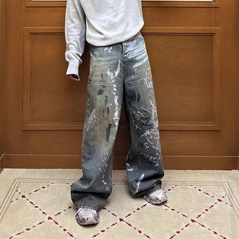graffiti handdrawn damaged wash baggy jeans for men and women straight streetwear y2k denim trousers pantalones hombre cargos unique cargo style 1306
