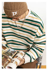 Vaporwave Oversized shirt – Embroidered Striped Contrast Round Neck Cotton Sweatshirts A