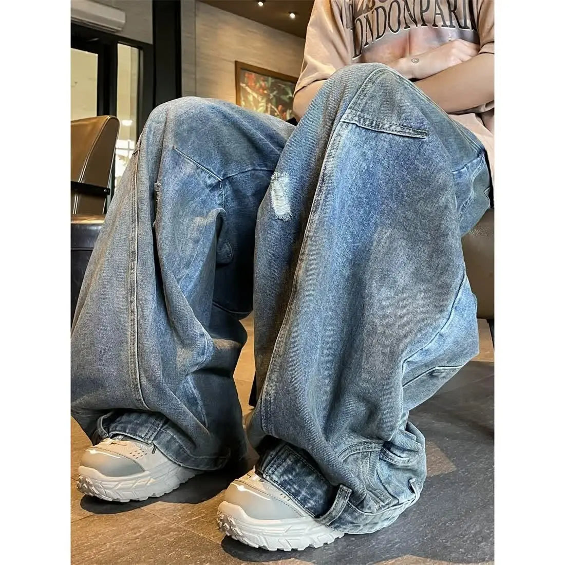 american style dirty and torn hole design straight leg wide leg jeans for men and women high street loose street casual pants urban skinny jeans