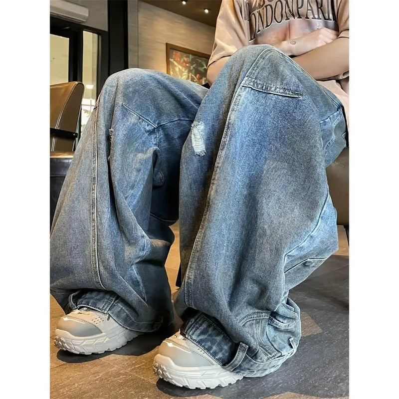 american style dirty and torn hole design straight leg wide leg jeans for men and women high street loose street casual pants urban skinny jeans