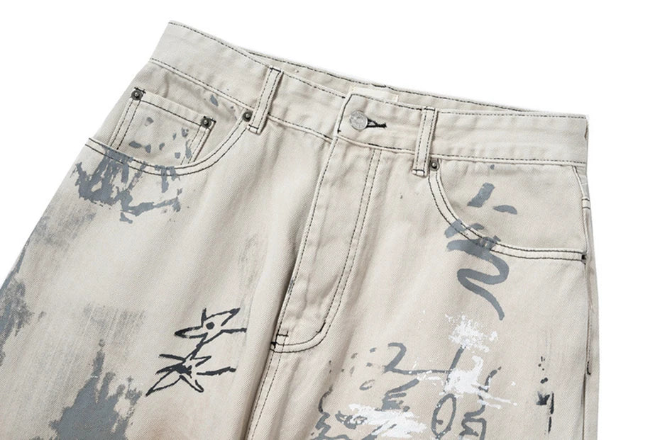 men hip hop baggy jeans graffiti printed loose straight denim pants dirty washed streetwear fashion jeans trousers white unique jeans style 574