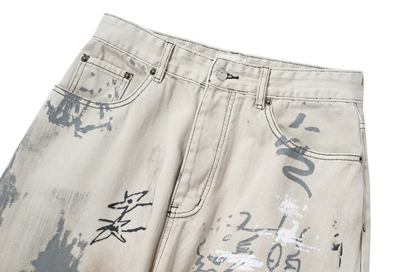 men hip hop baggy jeans graffiti printed loose straight denim pants dirty washed streetwear fashion jeans trousers white unique jeans style 574