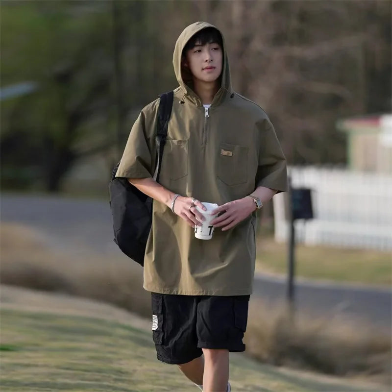 Skatercore Angelcore design – Summer Fashion Hoodie Zipper Cargo T Shirts Mens Loose Short