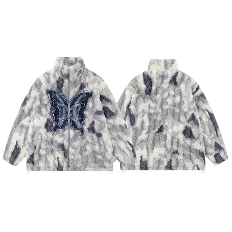 mens hip hop fleece jackets coats patchwork butterfly stand collar jacket parka zipper warm hairy coat outerwear hipster gray - variant style 33e71b for streetwear fashion