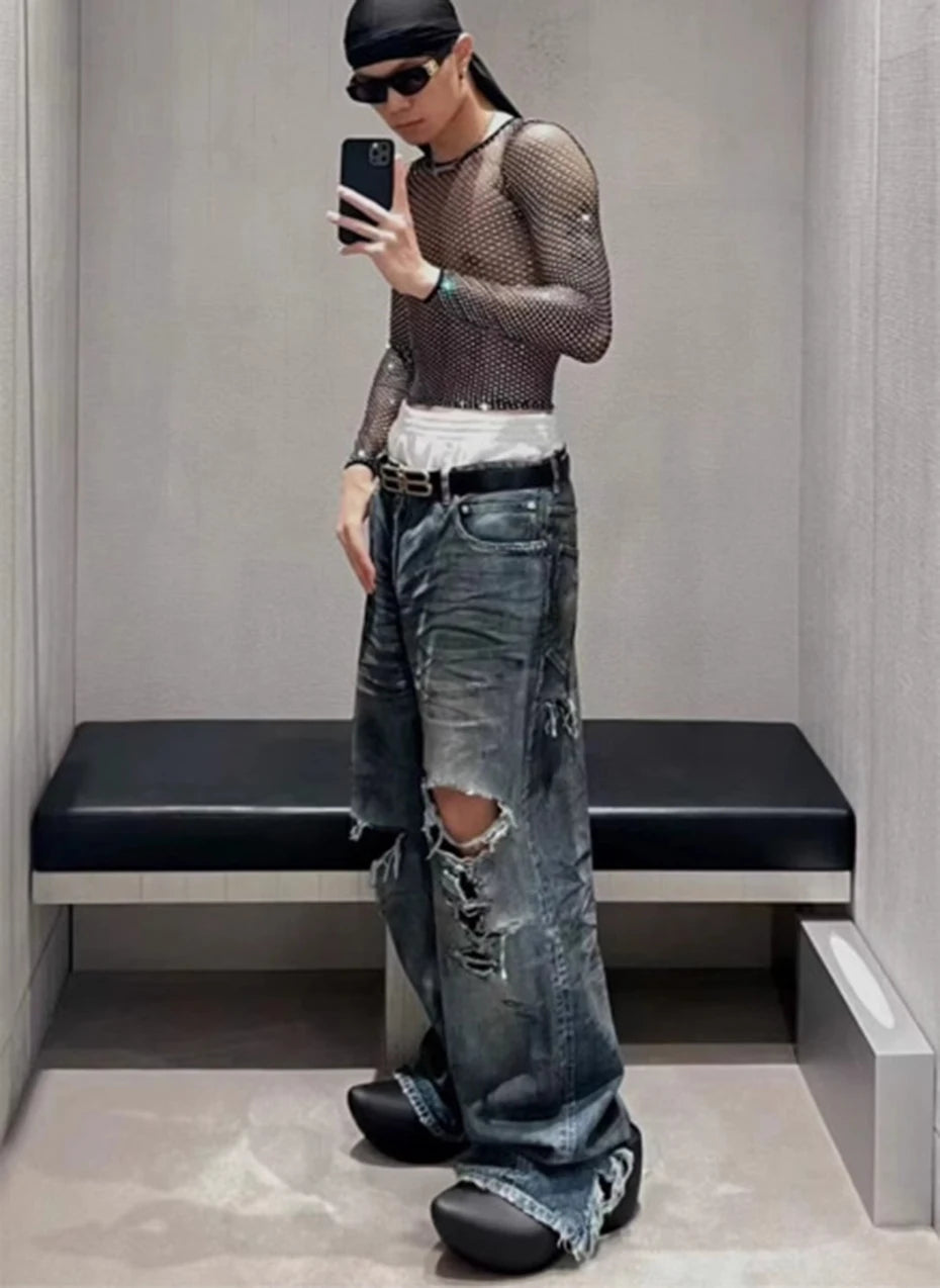 mens baggy jeans blue distressed ripped loose denim pants streetwear oversized hip hop jeans trousers unique jeans style 614