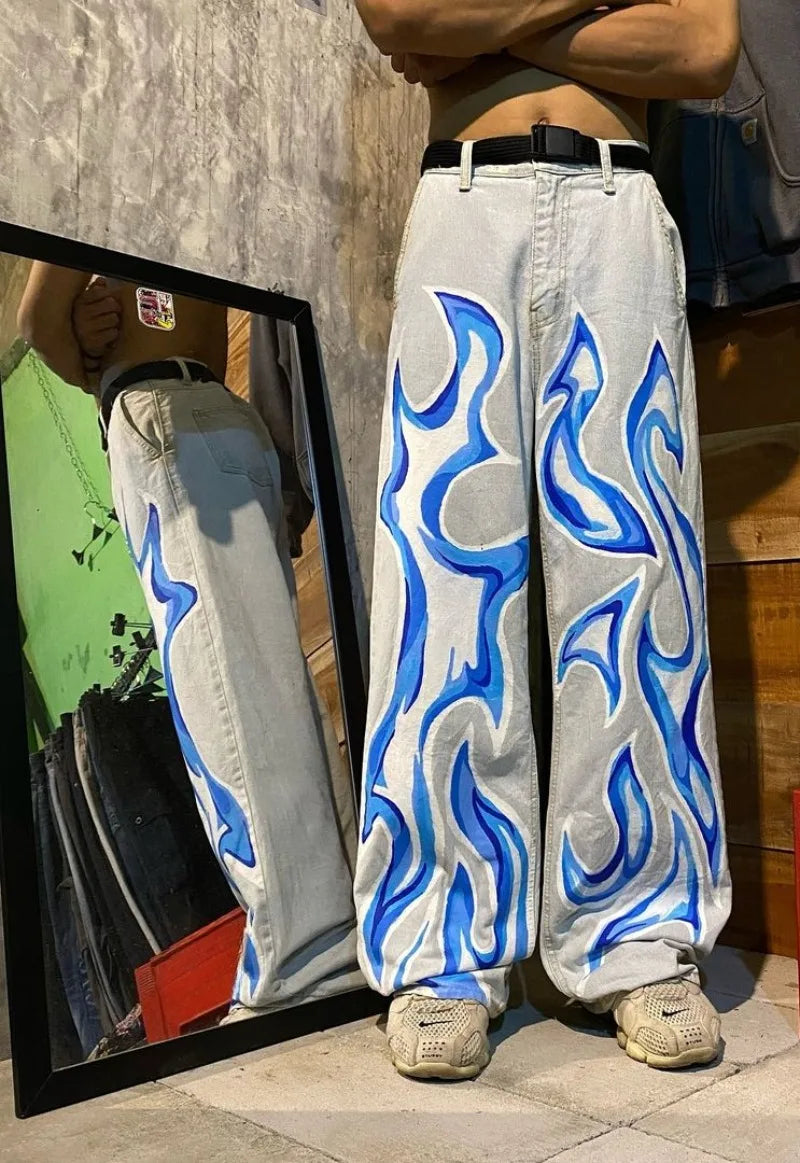 y2k men s jeans oversized hip hop goth flame pattern print baggy jeans for men retro straight wide leg denim pants streetwear unique jeans style 521