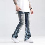 blue speckle ink washed destroyed flared jean pants hip hop graffiti ripped denim jeans for men streetwear vintage wide jeans denim street jeans