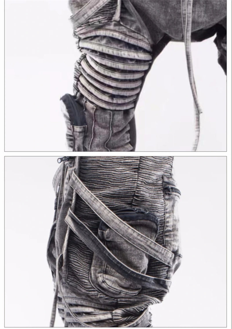vintage motorcycle trousers joggers mens asymmetric straped pleated cross pants function elastic waist trousers unique joggers style 4605