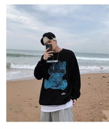 Graphic Blue Bear Kawaii Print Pullovers Hoodies For Men Autumn Fleece
