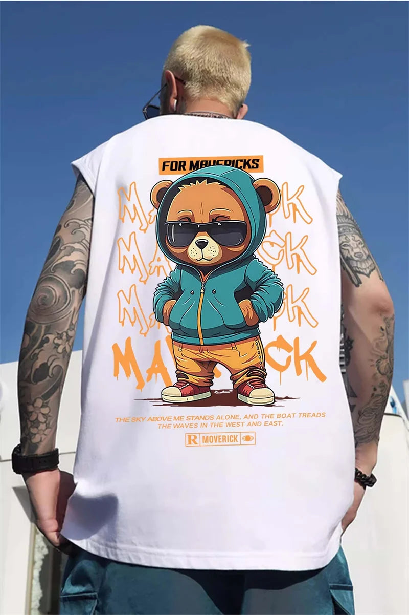 Anime Graphic tee – 2024 Hip Hop Bear Printed Tank Top Men Summer Retro Basketball