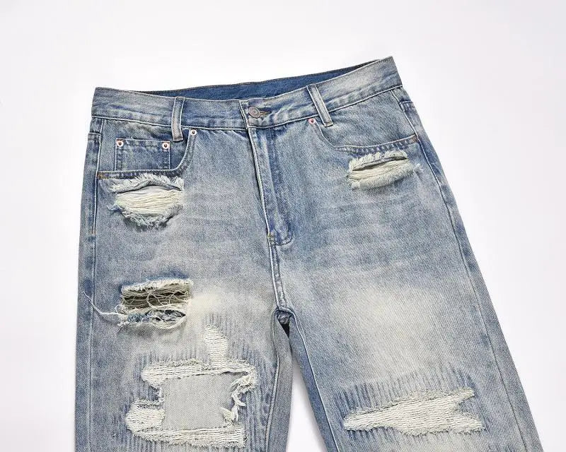 mens high street denim jean pants new casual blue slim ripped holes straight zipper jeans trousers hip hop streetwear joggers unique joggers style 765