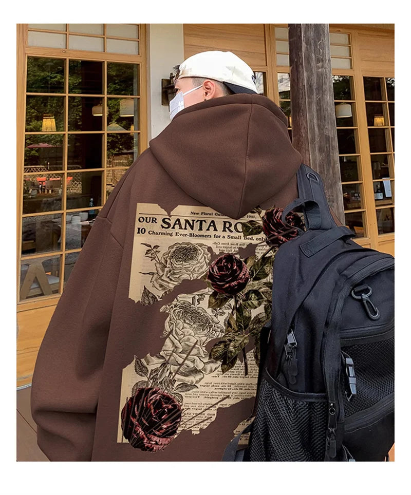 Y2K Vintage Rose Graphic Print Hoodies For Men Goth Fashion Streetwear Clothes Casual Fleece Hip Hop Loose Pullover Sweatshirts