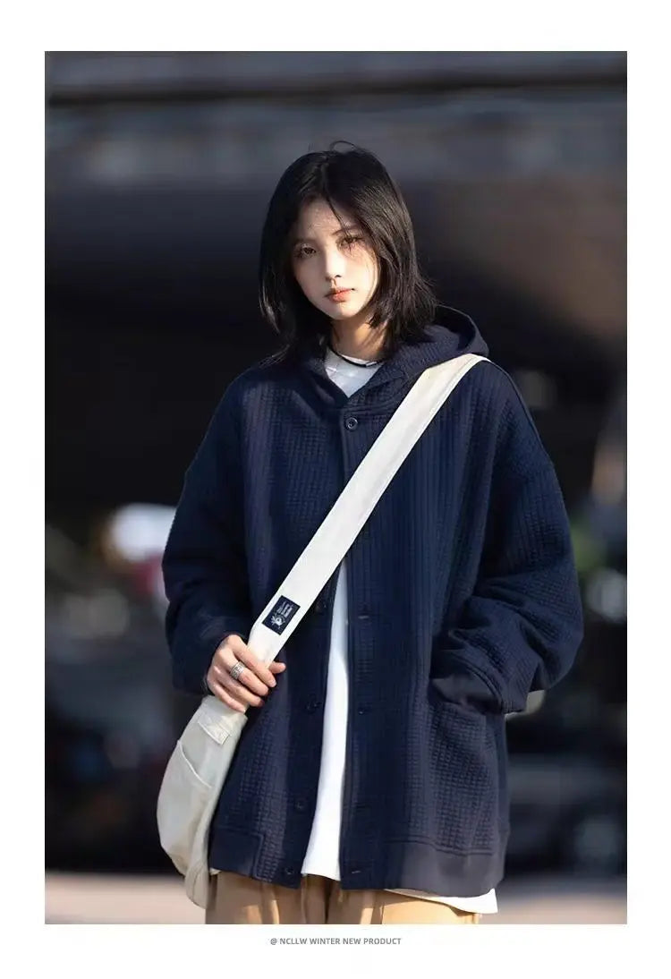 Korean Retro Y2K Waffle Hooded Jacket for Men and Women Ins Harajuku Style Casual Loose
