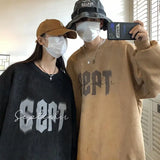 Suede Korean Trendy Round Neck Sweatshirt for Men American Retro Print Trendy Brand Autumn Loose Couple Wear Jacket Tops