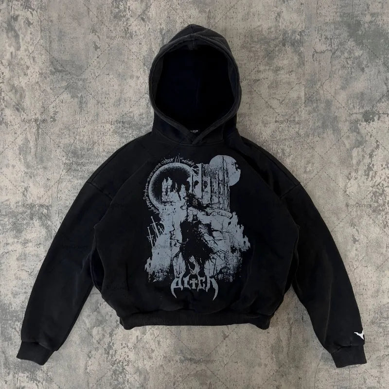 techwear street knit hoodie with oversized flame detail for urban fall winter outfits, street fashion menswear trend for seas