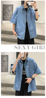 American summer thin denim shirt for men and women loose fit hip-hop short sleeved retro personality casual street top harajuku
