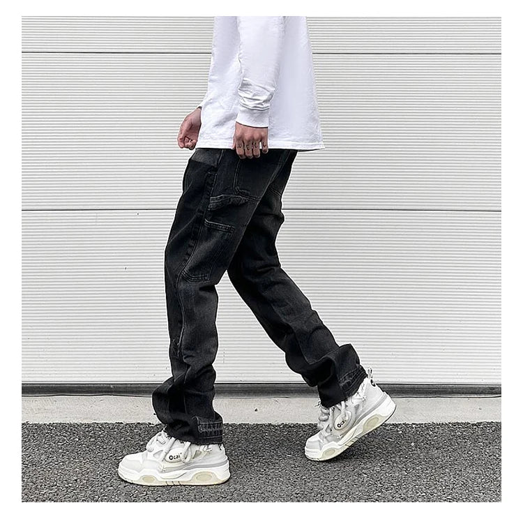high street fashion contrast straight tube micro flared jean horn pant washing mens tassel vintage patchwork wide denim jeans unique jeans style 4998