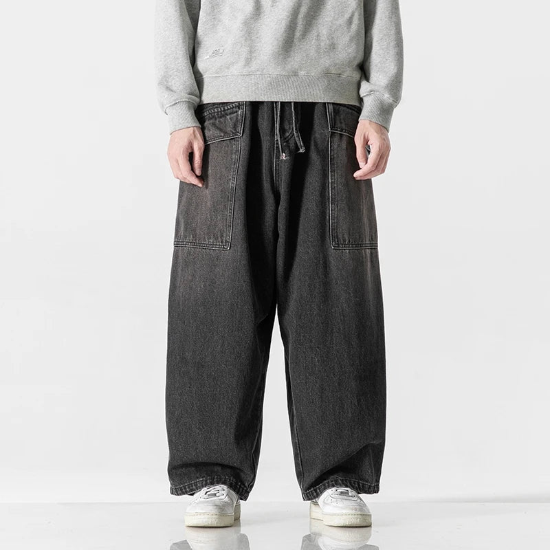 large size jeans basic denim pants solid color mens casual wide leg pants waist elastic hip hop baggy man trousers unique jeans style 382