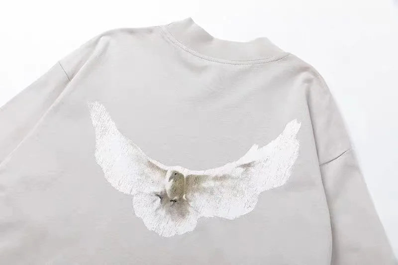 Y2k Tribal flame – Kanye White Pigeon Washed Old Vintage Loose Sleeve Round Nec