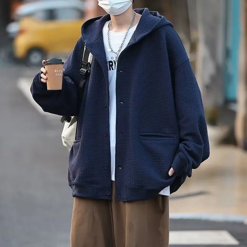 Korean Retro Y2K Waffle Hooded Jacket for Men and Women Ins Harajuku Style Casual Loose